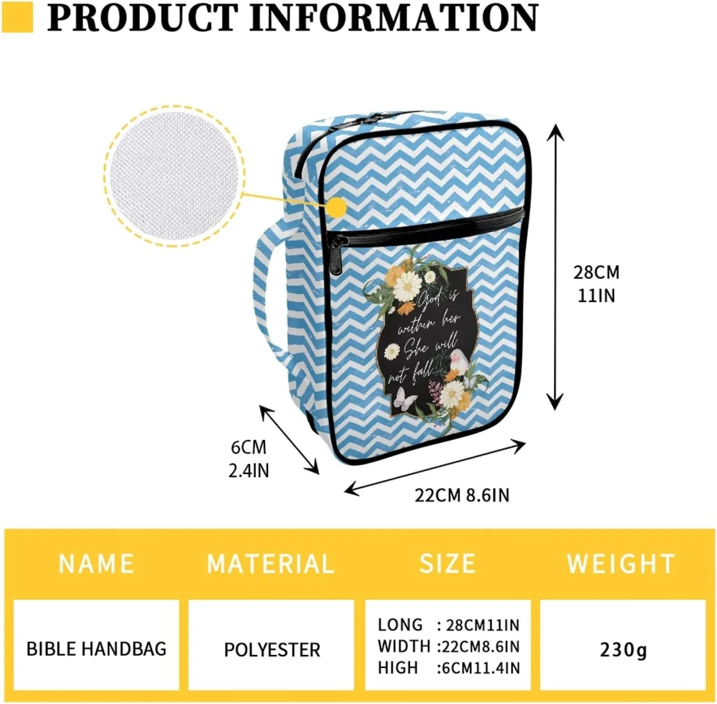 Suobstales Blue Zigzag Flowers Butterfly Pattern Bible Covers for Women Men Bible Case Bible Bag Bible Accessories with Handle and Zipper Pocket Bible Tote Bag