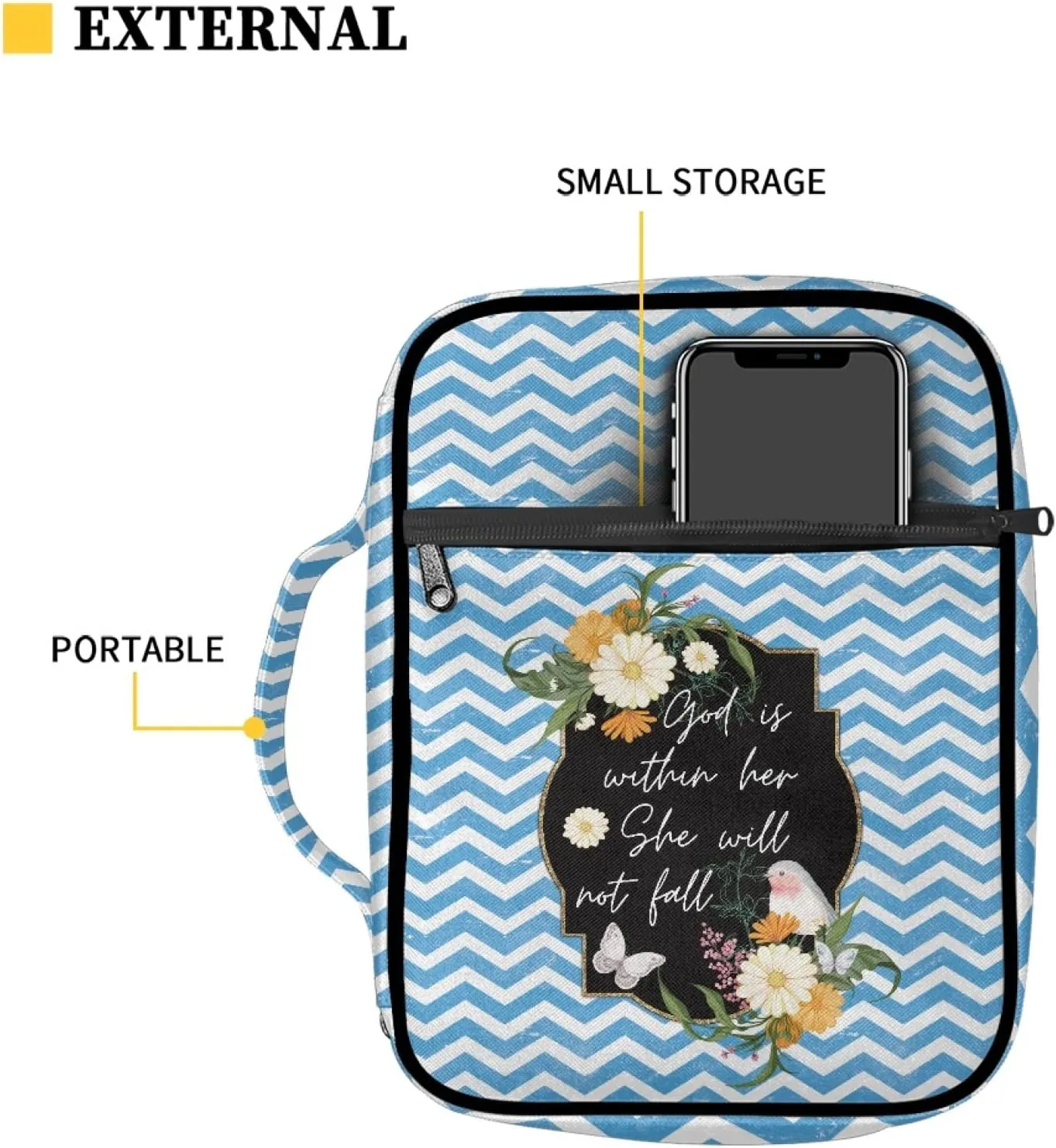 Suobstales Blue Zigzag Flowers Butterfly Pattern Bible Covers for Women Men Bible Case Bible Bag Bible Accessories with Handle and Zipper Pocket Bible Tote Bag