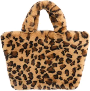 surell - Faux Rex Rabbit Fur Leopard Print Handbag - Small Fuzzy Tote Bag