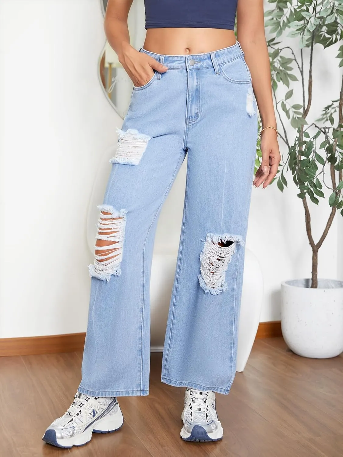 SweatyRocks Women's Casual Loose Ripped Denim Pants Distressed Wide Leg Jeans