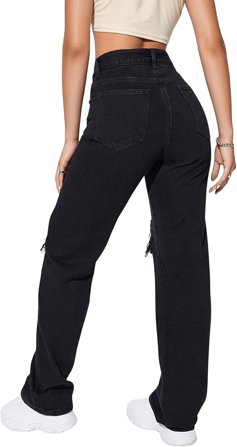 SweatyRocks Women's Casual Loose Ripped Denim Pants Distressed Wide Leg Jeans