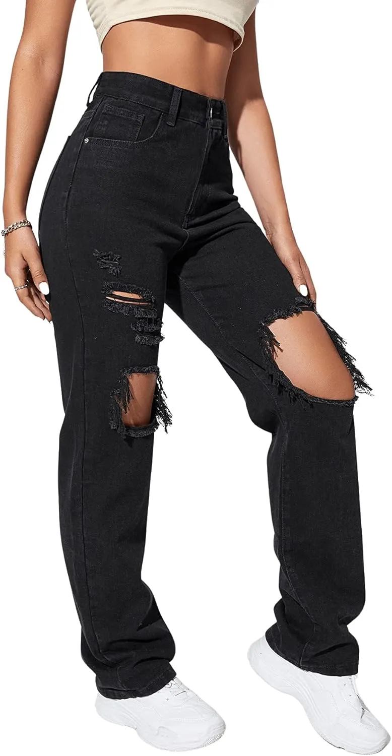 SweatyRocks Women's Casual Loose Ripped Denim Pants Distressed Wide Leg Jeans