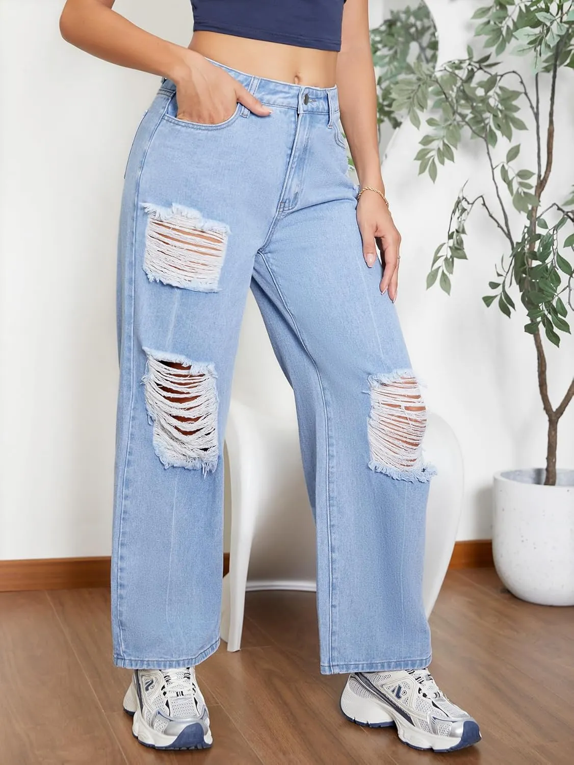 SweatyRocks Women's Casual Loose Ripped Denim Pants Distressed Wide Leg Jeans