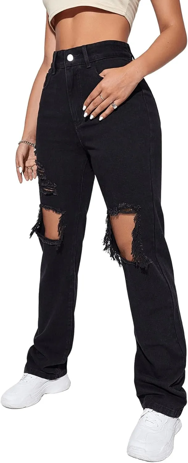 SweatyRocks Women's Casual Loose Ripped Denim Pants Distressed Wide Leg Jeans