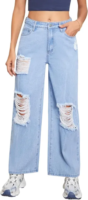 SweatyRocks Women's Casual Loose Ripped Denim Pants Distressed Wide Leg Jeans
