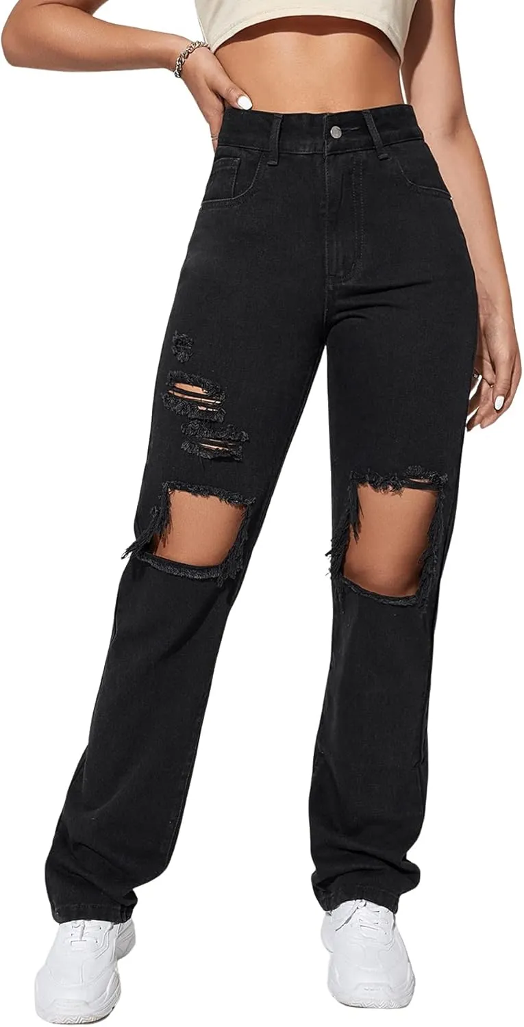 SweatyRocks Women's Casual Loose Ripped Denim Pants Distressed Wide Leg Jeans