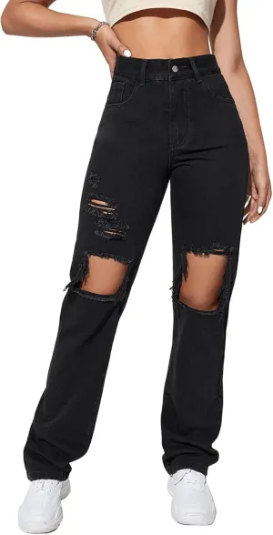 SweatyRocks Women's Casual Loose Ripped Denim Pants Distressed Wide Leg Jeans