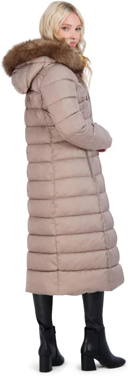 Tahari Nellie Long Coat for Women-Insulated Jacket with Removable Faux Fur Trim