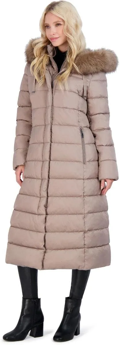 Tahari Nellie Long Coat for Women-Insulated Jacket with Removable Faux Fur Trim