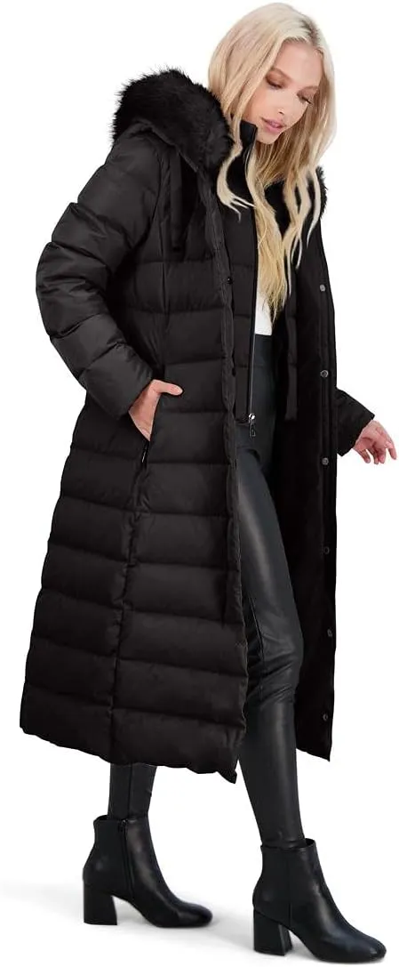 Tahari Nellie Long Coat for Women-Insulated Jacket with Removable Faux Fur Trim
