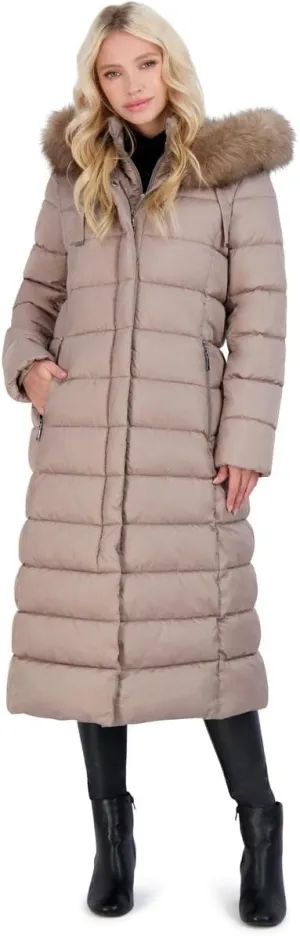 Tahari Nellie Long Coat for Women-Insulated Jacket with Removable Faux Fur Trim