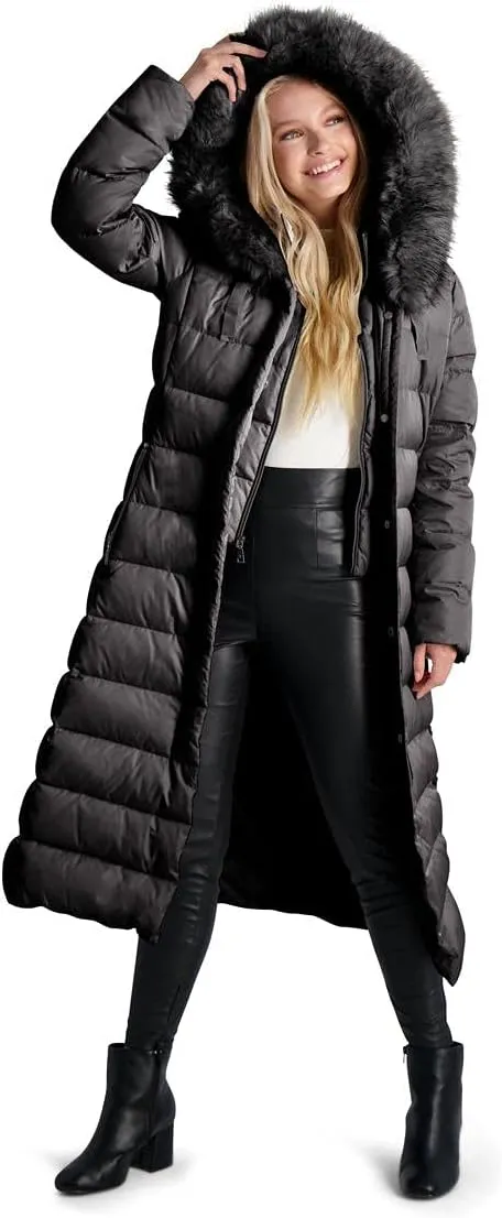 Tahari Nellie Long Coat for Women-Insulated Jacket with Removable Faux Fur Trim