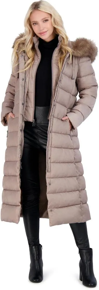 Tahari Nellie Long Coat for Women-Insulated Jacket with Removable Faux Fur Trim