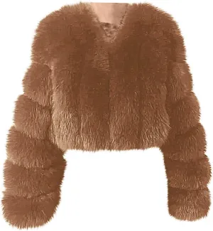 TANGNADE Fur Jackets for Women Formal Wedding Coat Long Sleeve Cropped Faux Fur Evening Jackets Plus Size Winter Warm