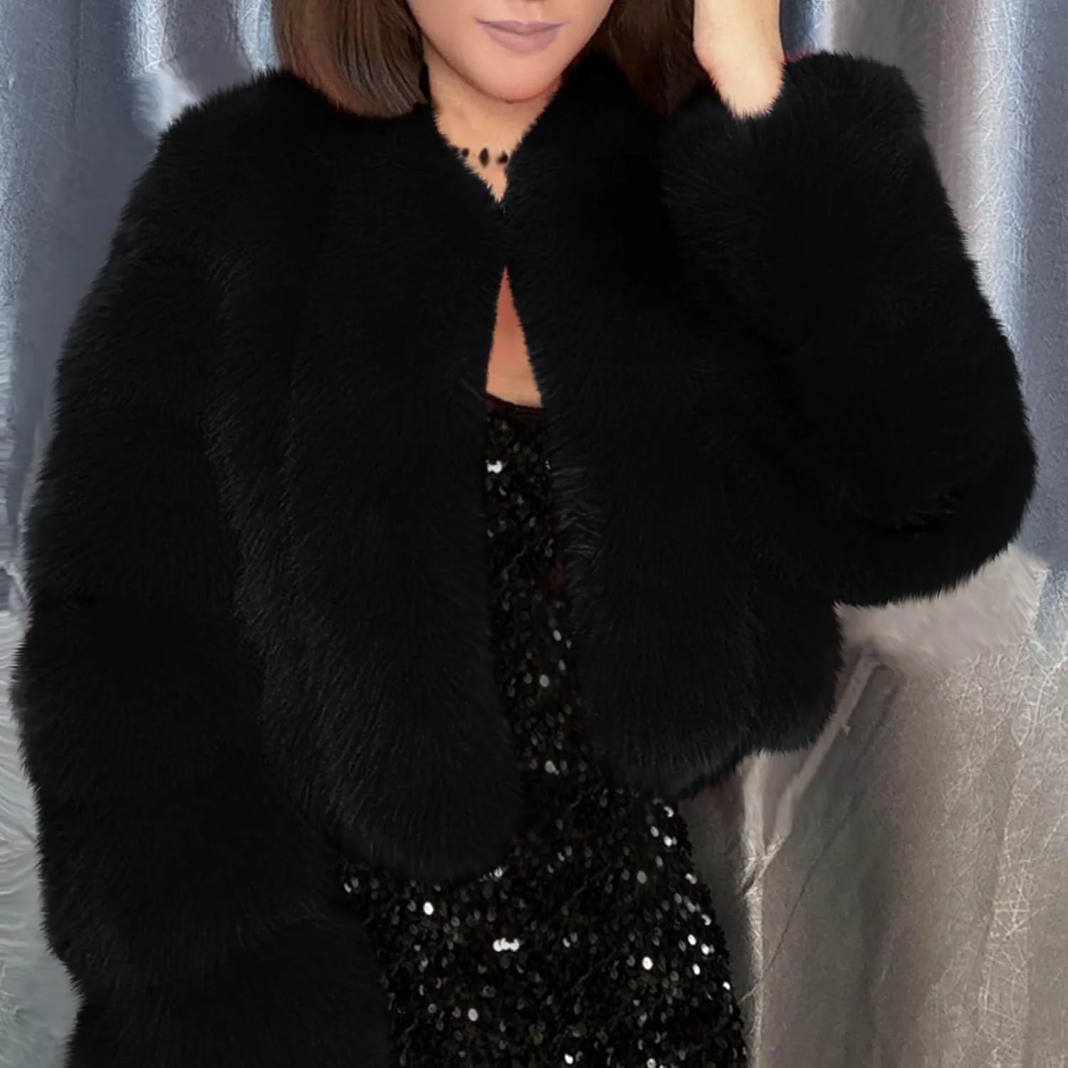 TANGNADE Fur Jackets for Women Formal Wedding Coat Long Sleeve Cropped Faux Fur Evening Jackets Plus Size Winter Warm