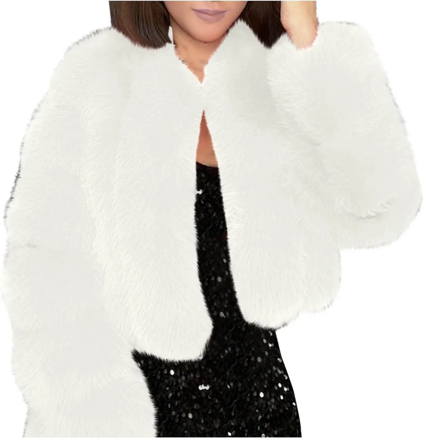 TANGNADE Fur Jackets for Women Formal Wedding Coat Long Sleeve Cropped Faux Fur Evening Jackets Plus Size Winter Warm