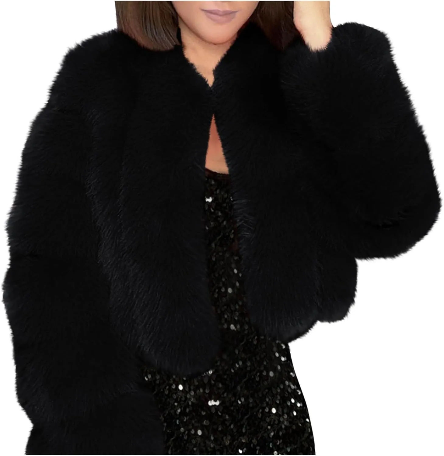 TANGNADE Fur Jackets for Women Formal Wedding Coat Long Sleeve Cropped Faux Fur Evening Jackets Plus Size Winter Warm