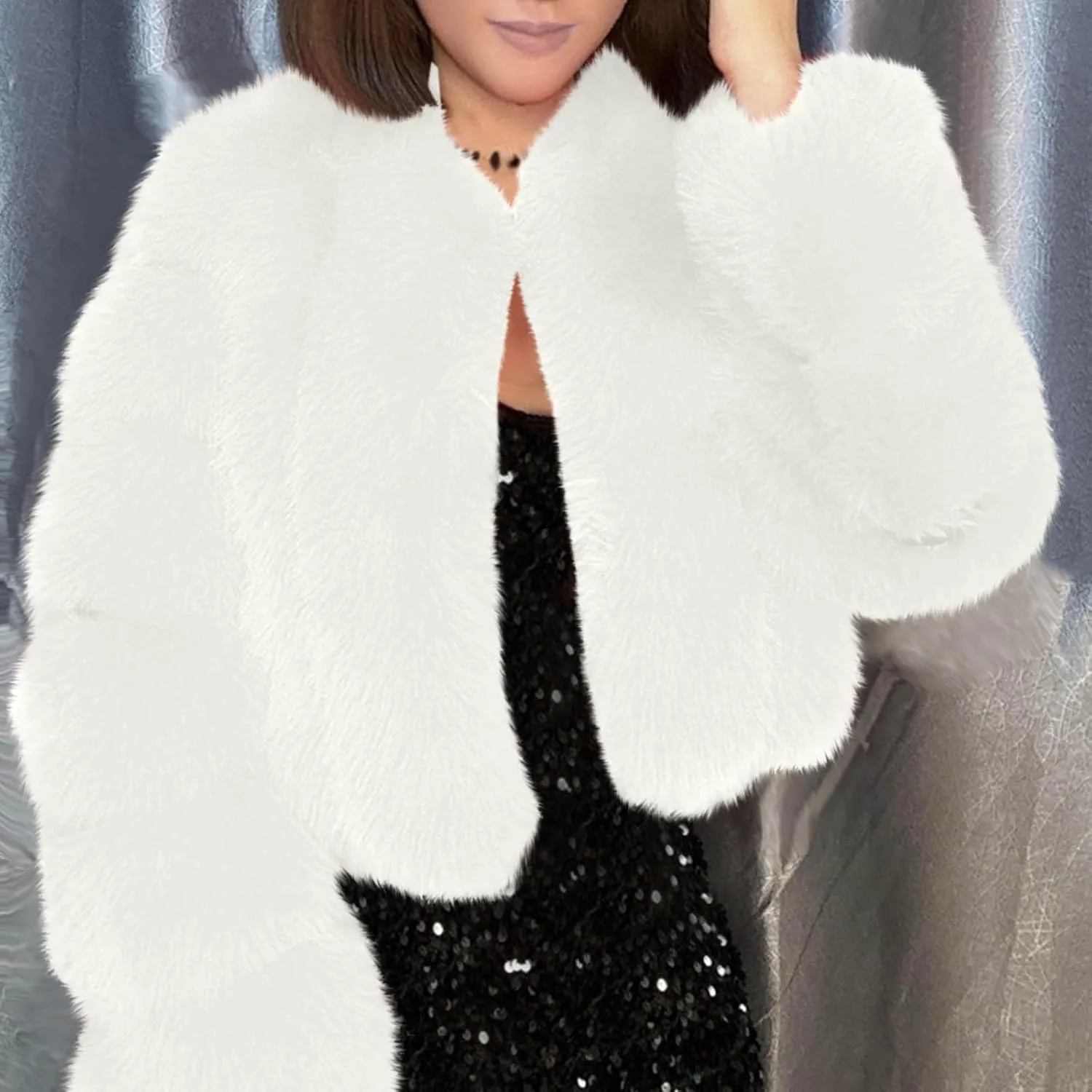 TANGNADE Fur Jackets for Women Formal Wedding Coat Long Sleeve Cropped Faux Fur Evening Jackets Plus Size Winter Warm