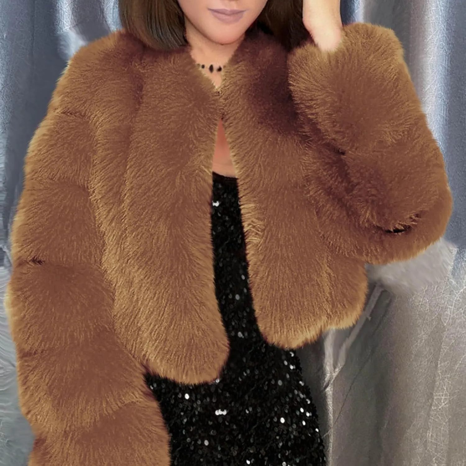 TANGNADE Fur Jackets for Women Formal Wedding Coat Long Sleeve Cropped Faux Fur Evening Jackets Plus Size Winter Warm