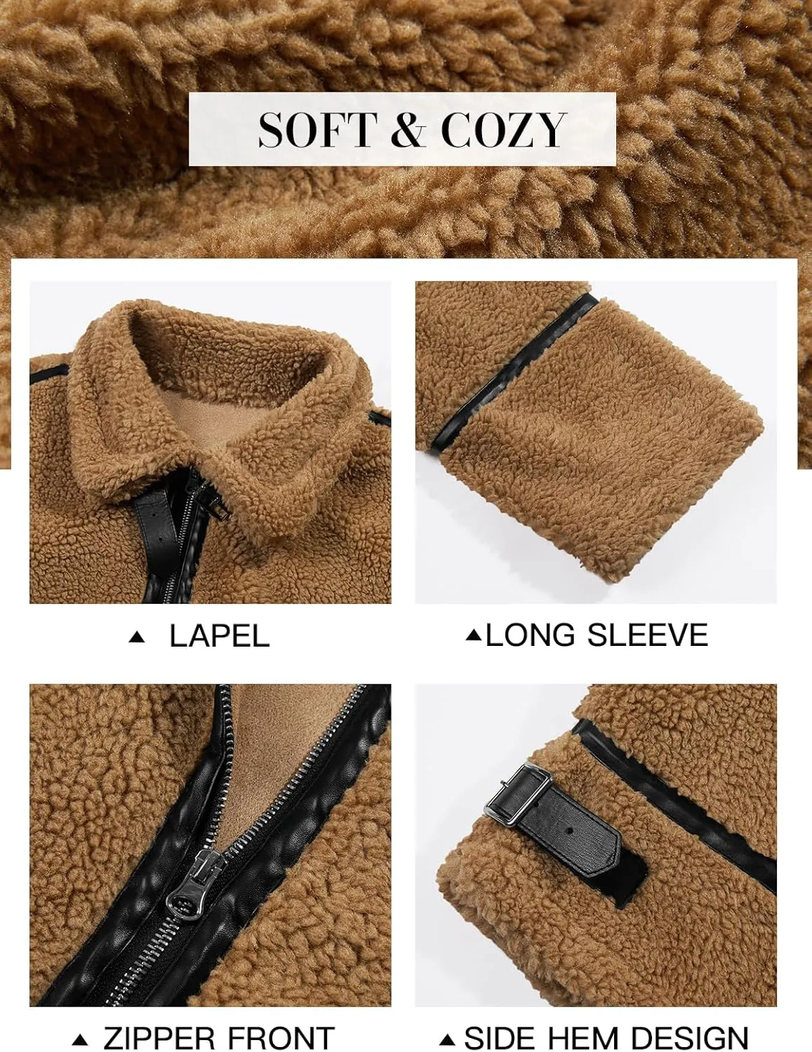 Tankaneo Womens Faux Fur Jackets Winter Trendy Sherpa Moto Leather Patchwork Zip Up Coat