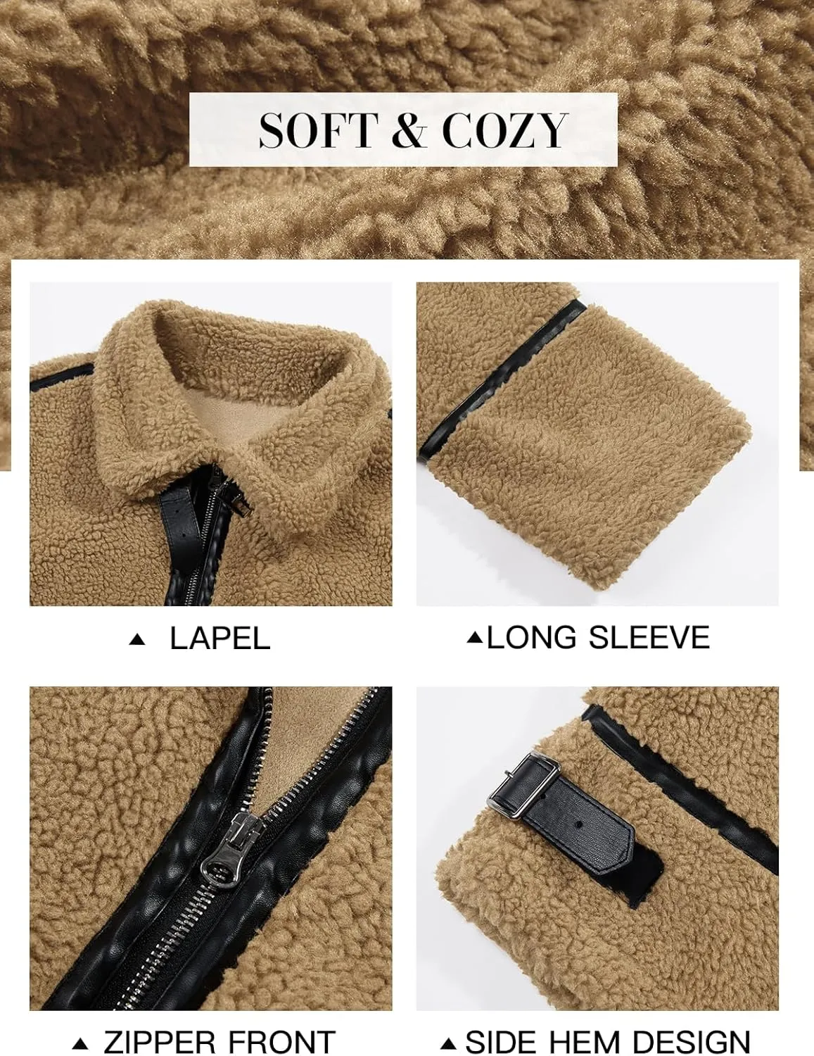 Tankaneo Womens Faux Fur Jackets Winter Trendy Sherpa Moto Leather Patchwork Zip Up Coat