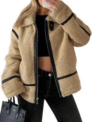 Tankaneo Womens Faux Fur Jackets Winter Trendy Sherpa Moto Leather Patchwork Zip Up Coat