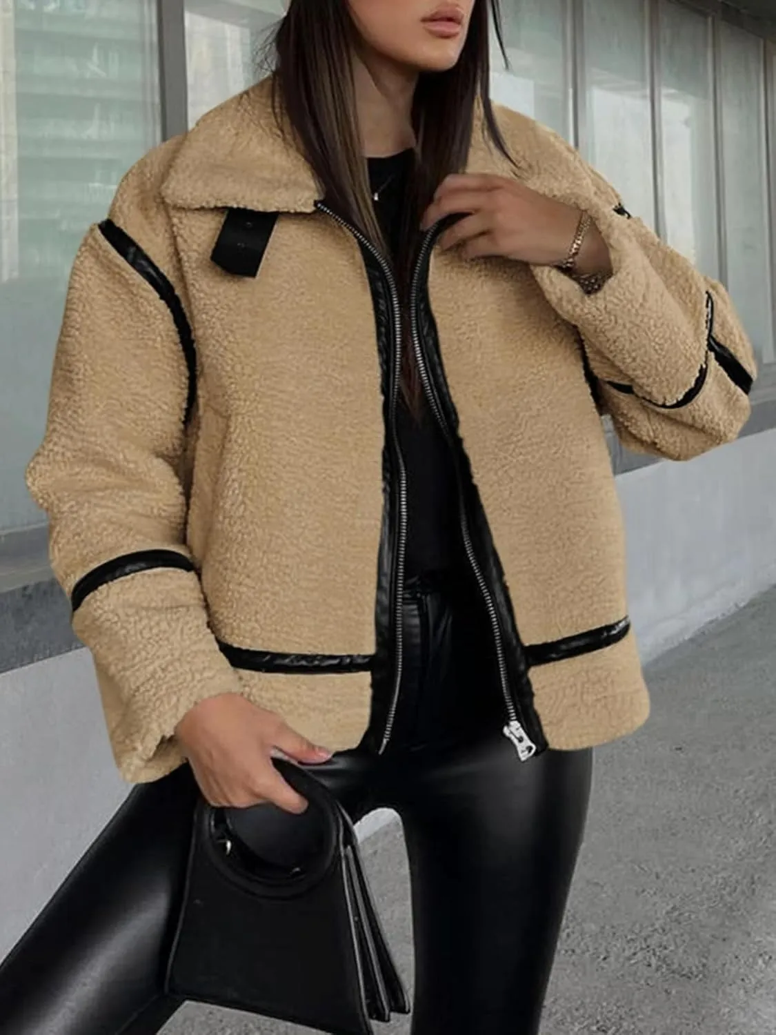 Tankaneo Womens Faux Fur Jackets Winter Trendy Sherpa Moto Leather Patchwork Zip Up Coat