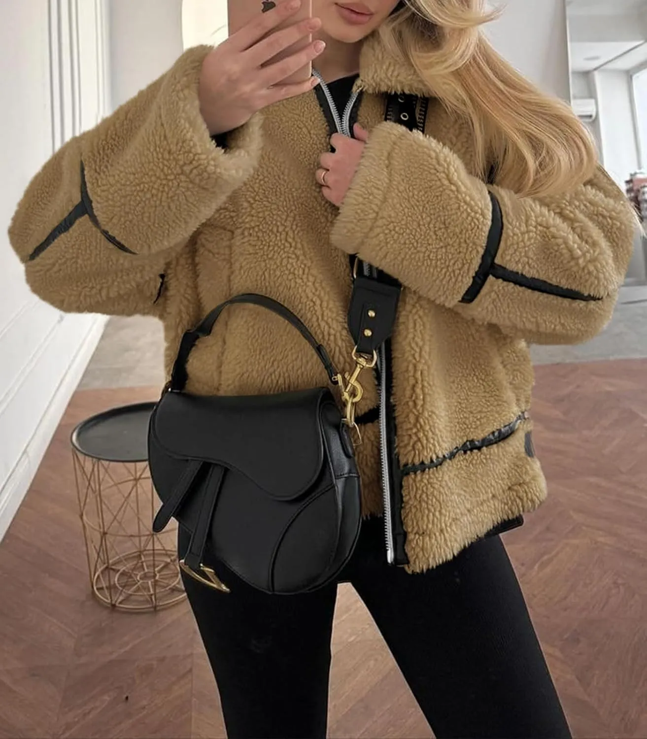 Tankaneo Womens Faux Fur Jackets Winter Trendy Sherpa Moto Leather Patchwork Zip Up Coat