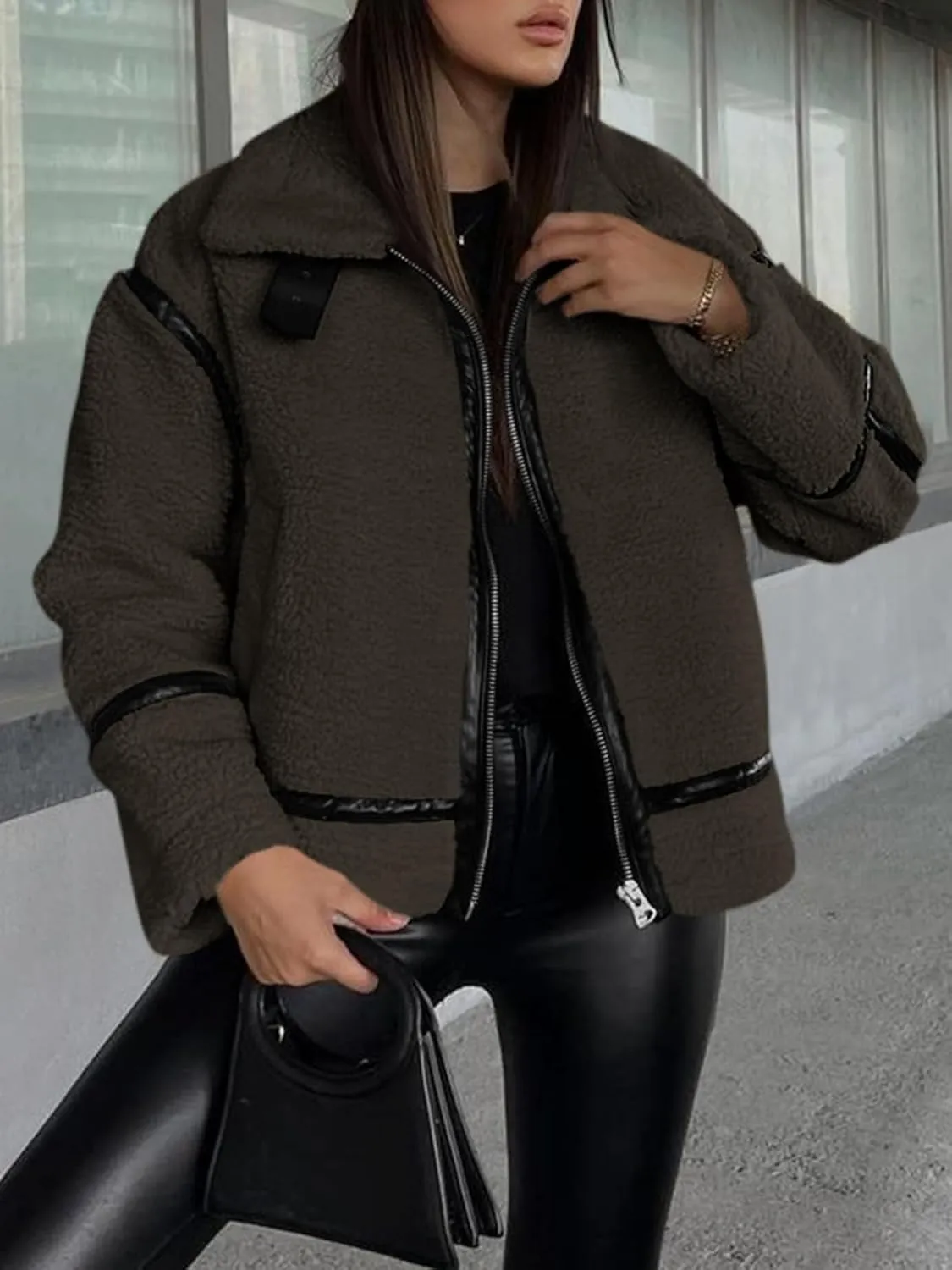 Tankaneo Womens Faux Fur Jackets Winter Trendy Sherpa Moto Leather Patchwork Zip Up Coat