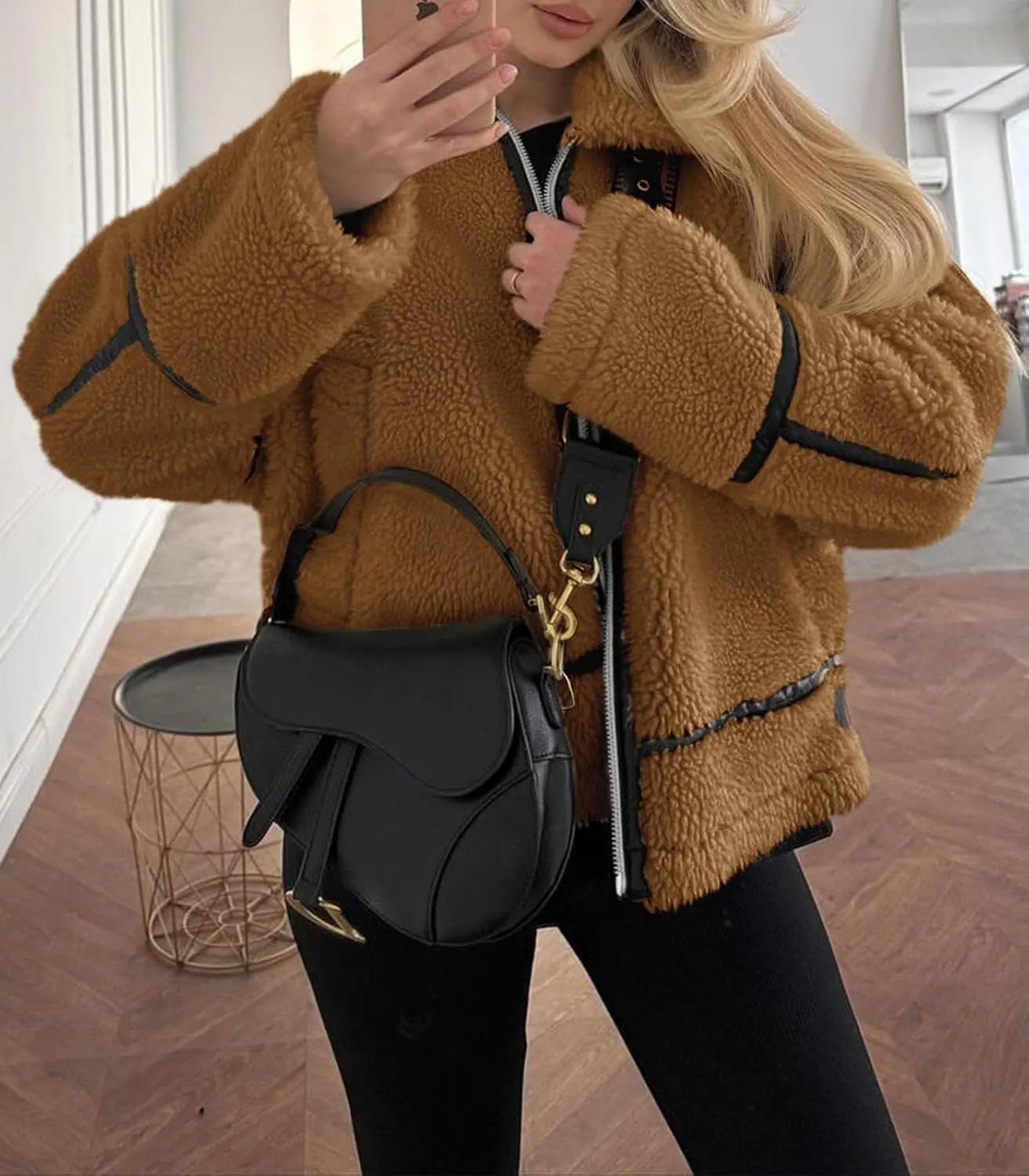 Tankaneo Womens Faux Fur Jackets Winter Trendy Sherpa Moto Leather Patchwork Zip Up Coat
