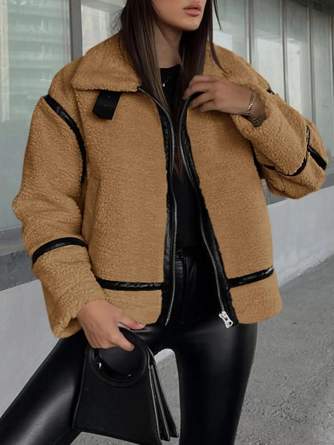 Tankaneo Womens Faux Fur Jackets Winter Trendy Sherpa Moto Leather Patchwork Zip Up Coat