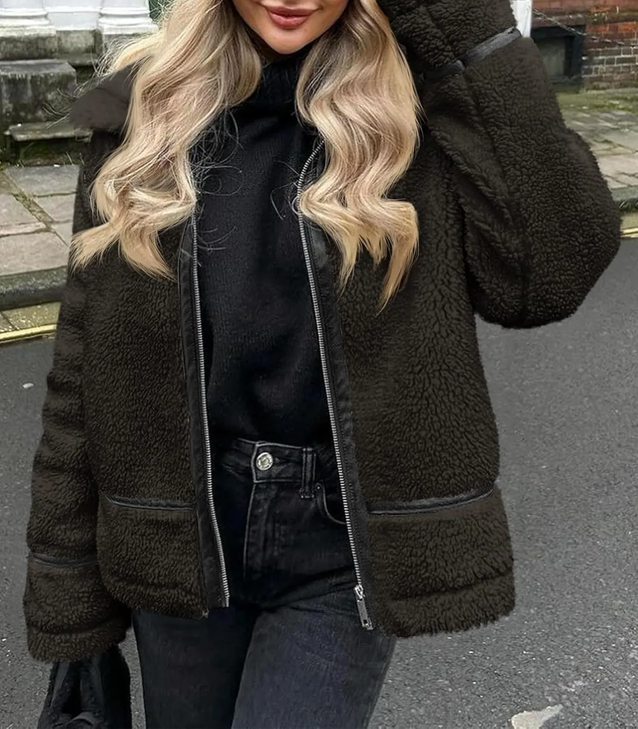 Tankaneo Womens Faux Fur Jackets Winter Trendy Sherpa Moto Leather Patchwork Zip Up Coat