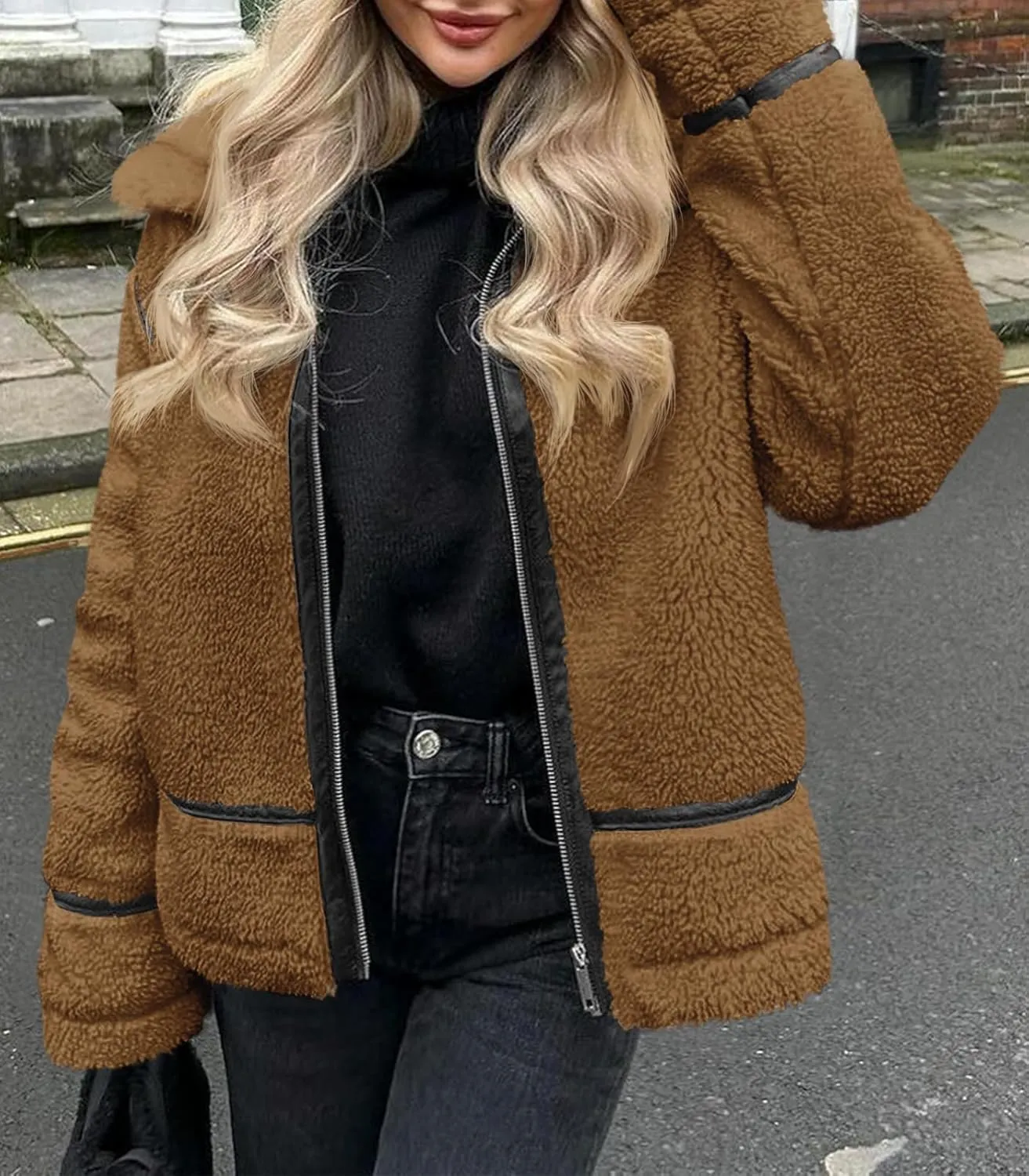 Tankaneo Womens Faux Fur Jackets Winter Trendy Sherpa Moto Leather Patchwork Zip Up Coat