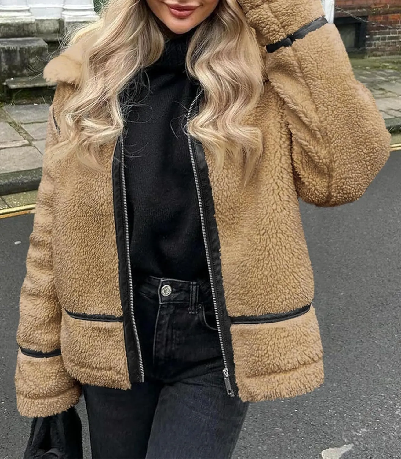 Tankaneo Womens Faux Fur Jackets Winter Trendy Sherpa Moto Leather Patchwork Zip Up Coat