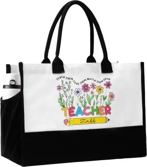 Teacher Tote Bag, Teacher's Day Appreciation Gifts for Women, Teachers Tote Bags with Pockets, Wildflower Reusable Beach Bag Birthday Gift for Travel Shopping - C03