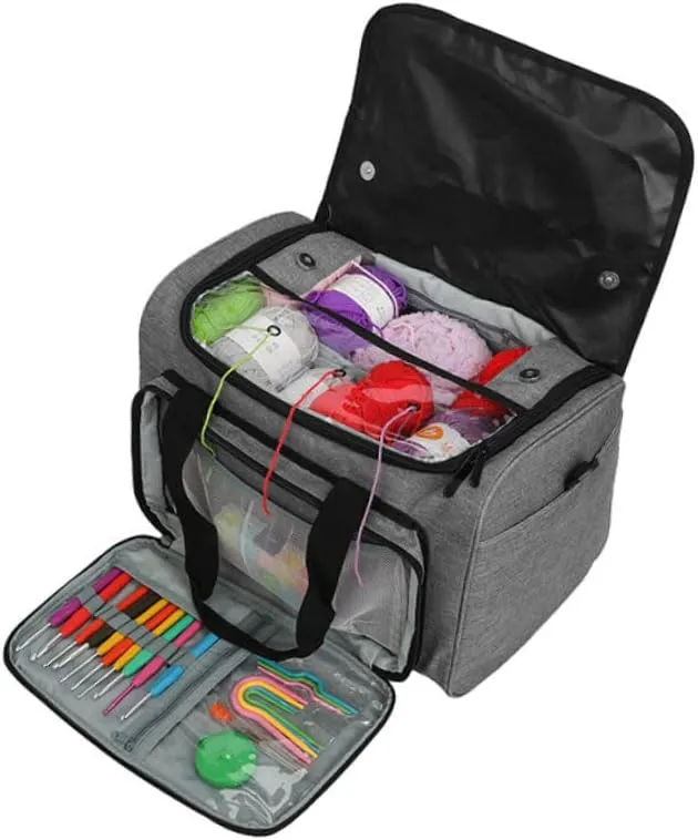TEHAUX Woolen Yarn Storage Bag Large Capacity Shoulder Bag Multi-Pockets Craft Organizer Fashionable Handbag