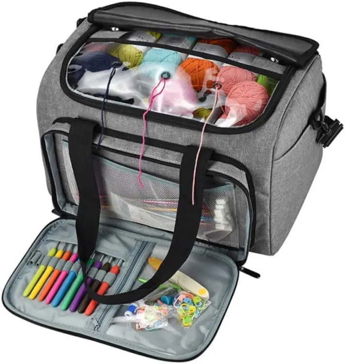 TEHAUX Woolen Yarn Storage Bag Large Capacity Shoulder Bag Multi-Pockets Craft Organizer Fashionable Handbag