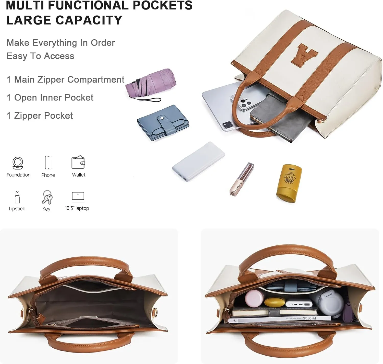 Telena Leather Tote Bag for Women Crossbody Tote Purse Handbag with Compartments and Adjustable Strap
