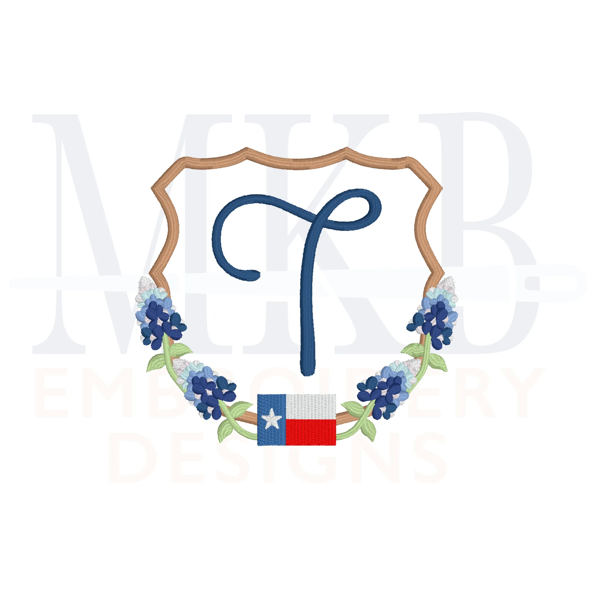Texas Bluebonnets Crest Embroidery Design, Wildflowers, Satin Stitch