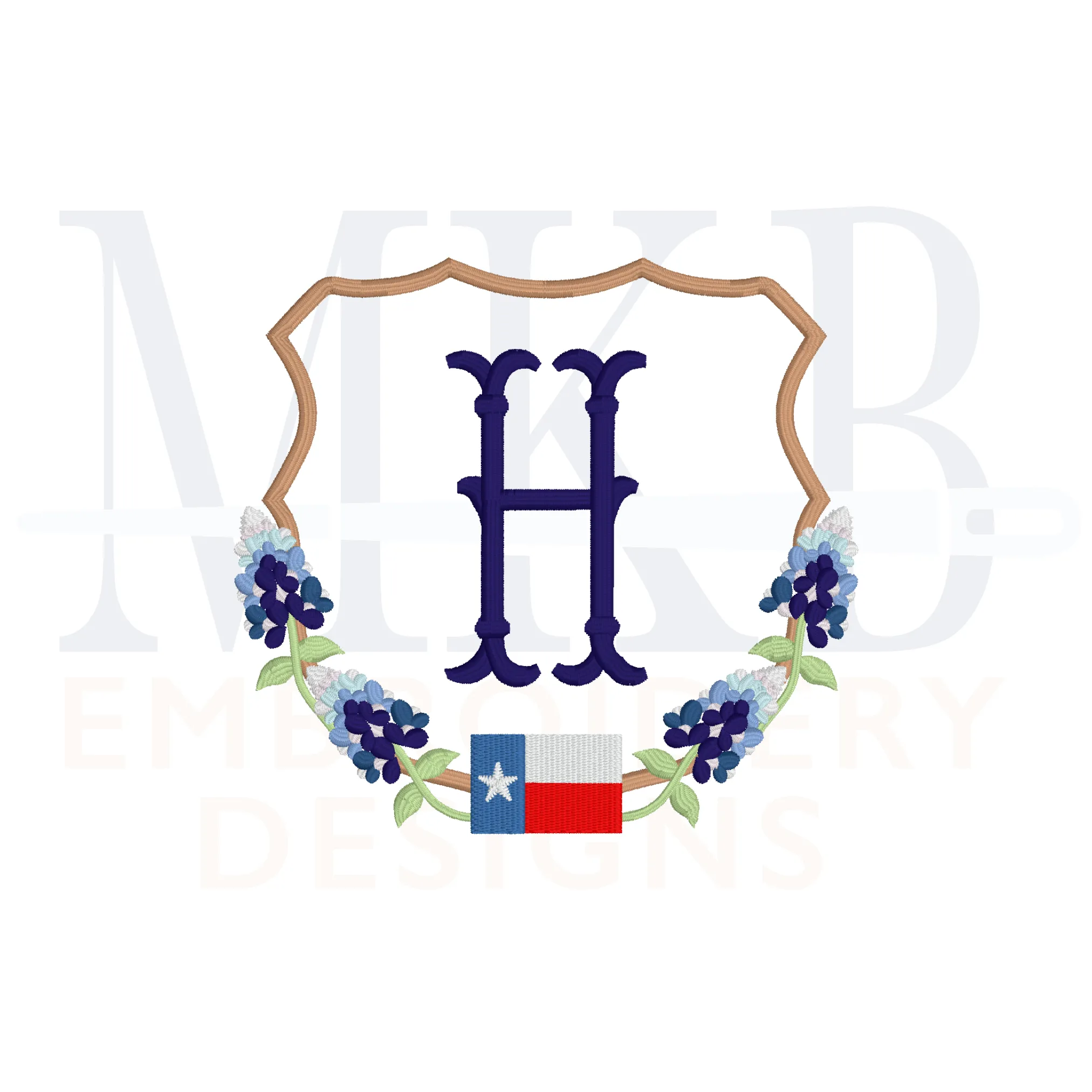 Texas Bluebonnets Crest Embroidery Design, Wildflowers, Satin Stitch