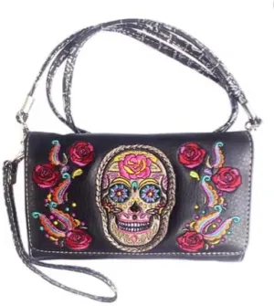 Texas West Women's Embroidered Flora Sugar Skull Purse Handbag and Clutch Wallet set in 4 colors
