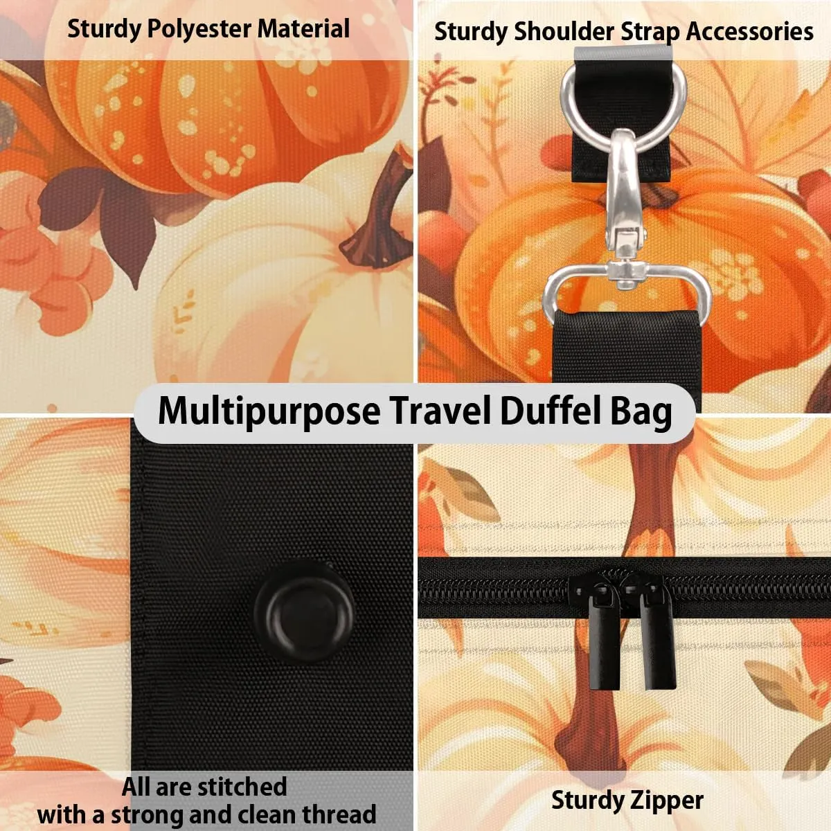 Thanksgiving Harvest Pumpkin Travel Duffel Bag for Women Men Waterproof Foldable Overnight Weekender Bag Large Capacity Sports Gym Bag