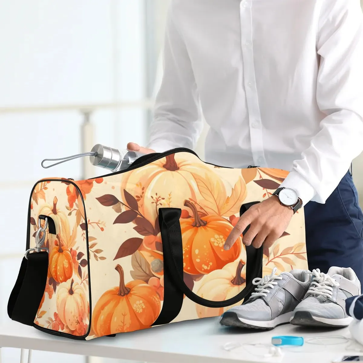 Thanksgiving Harvest Pumpkin Travel Duffel Bag for Women Men Waterproof Foldable Overnight Weekender Bag Large Capacity Sports Gym Bag