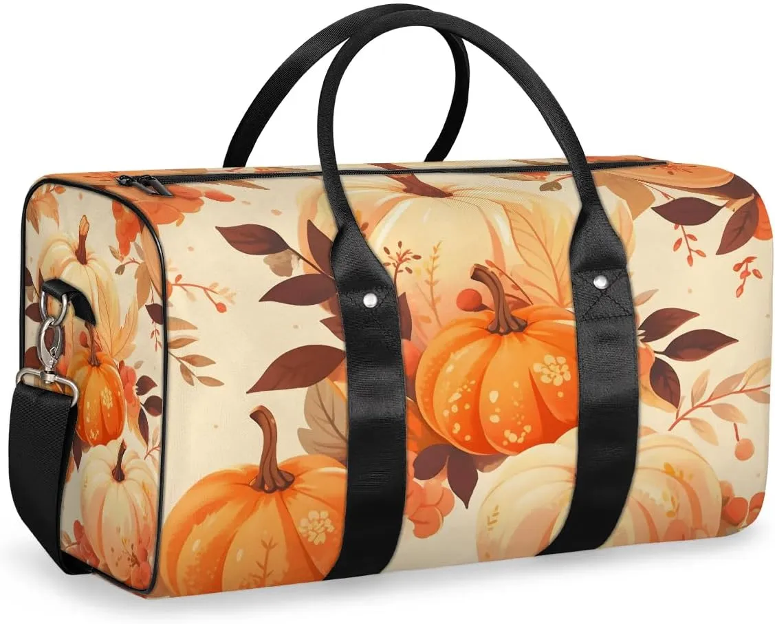 Thanksgiving Harvest Pumpkin Travel Duffel Bag for Women Men Waterproof Foldable Overnight Weekender Bag Large Capacity Sports Gym Bag