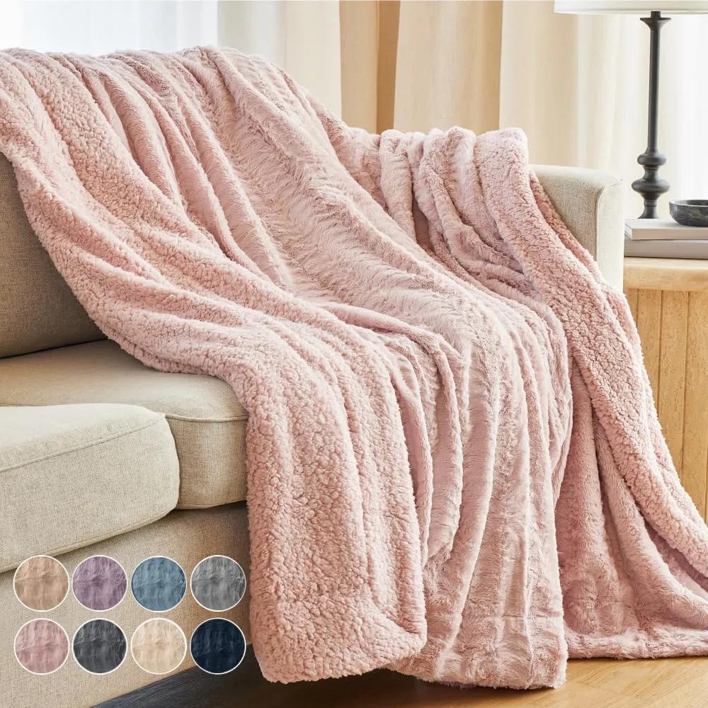The Connecticut Home Co Throw Blanket for Couch, Soft Fluffy Room Decor, Cozy Warm Throws for Bed, Couches, Gifts for Women, Bedroom Cute Aesthetic Blankets Faux Fur and Sherpa, 65x50, Dusty Rose