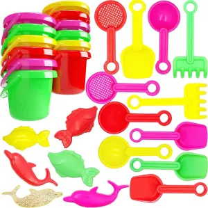 The Dreidel Company Mini Beach Day Playsets (Pack of 12) 3.25" Sand Bucket Play Set Box Includes, Pail, Shovel, Rake, Sifter Scoop, Dolphin Fish Sand Trays Toy for Boys and Girls Birthday Party Favor