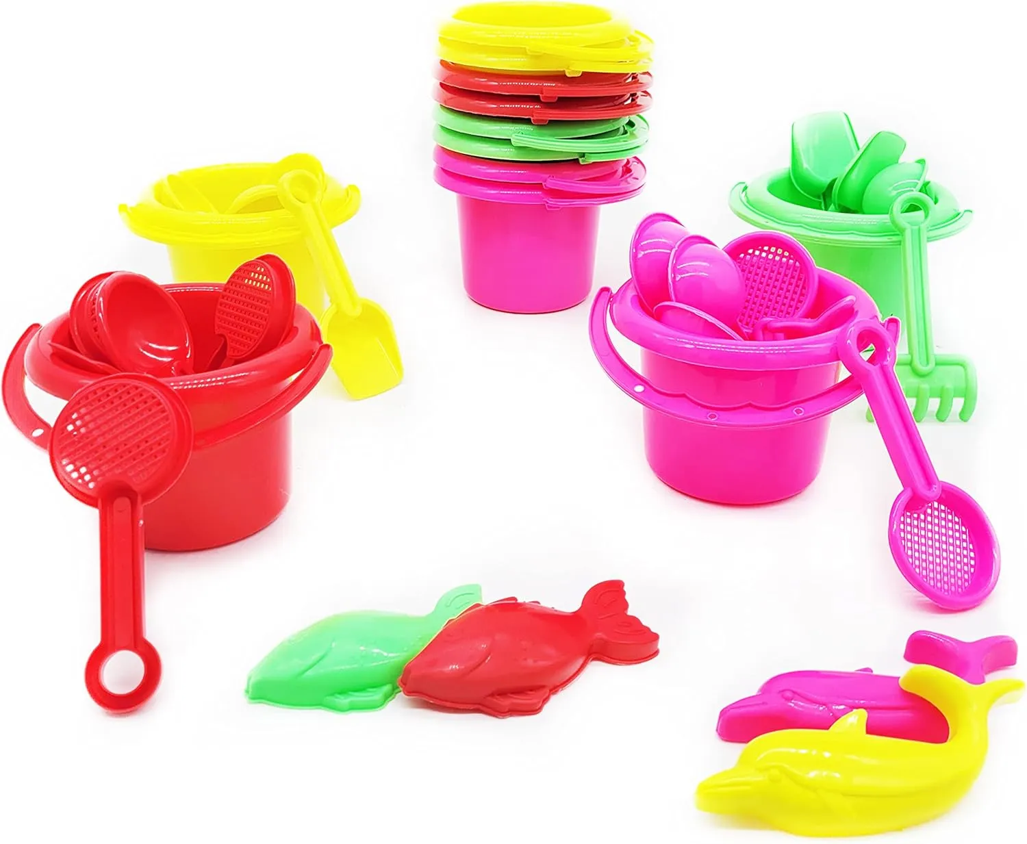 The Dreidel Company Mini Beach Day Playsets (Pack of 12) 3.25" Sand Bucket Play Set Box Includes, Pail, Shovel, Rake, Sifter Scoop, Dolphin Fish Sand Trays Toy for Boys and Girls Birthday Party Favor