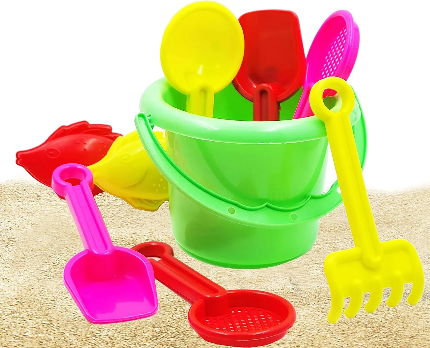 The Dreidel Company Mini Beach Day Playsets (Pack of 12) 3.25" Sand Bucket Play Set Box Includes, Pail, Shovel, Rake, Sifter Scoop, Dolphin Fish Sand Trays Toy for Boys and Girls Birthday Party Favor