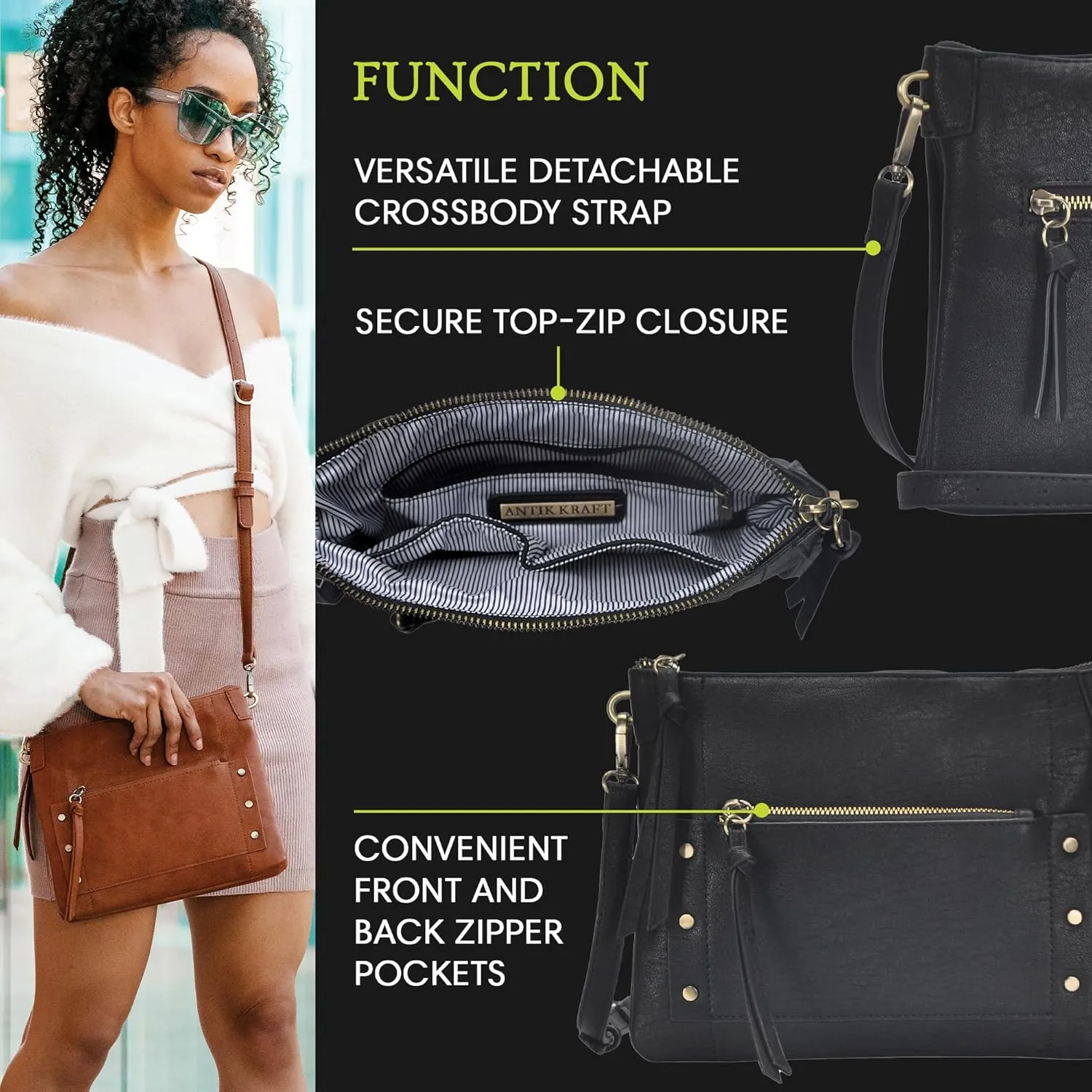 The Savannah Crossbody Shoulder Bag | Vegan leather Shoulder Bag with removable crossbody strap |11"x 1.5"x8.5"|