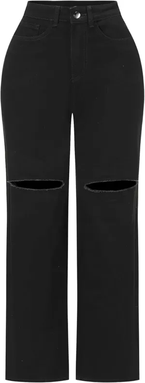 THUNDER STAR Womens High Waisted Wide Leg Jeans Stretchy Distressed Denim Pants